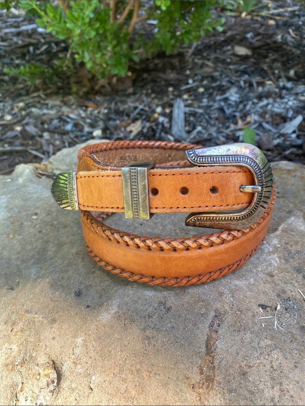 Leather Men’s Belt with Braided Sides - Tan with Silver 3 piece Buckle Set 1991